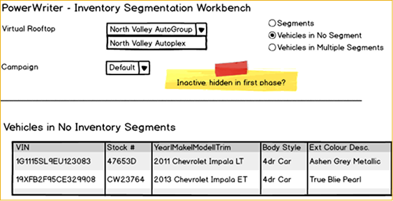 Cox Automotive: Detail wireframe of the inventory segmentation workbench, flagging edge cases like inactive segments hidden in phase one.