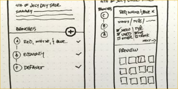Cox Automotive: Early hand sketches mapping how a dealership would build a segment branch by branch — starting with a promotion, then layering color, category, and status filters.