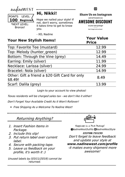 NadineWest: Before: the original packing slip buried the new items list under dense copy and small type, with no clear price or return call-to-action.