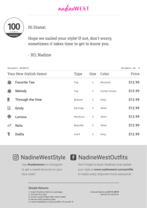 NadineWest: After: a redesigned packing slip surfaced item, size, color, and price in a clean scannable table, with returns instructions simplified below.