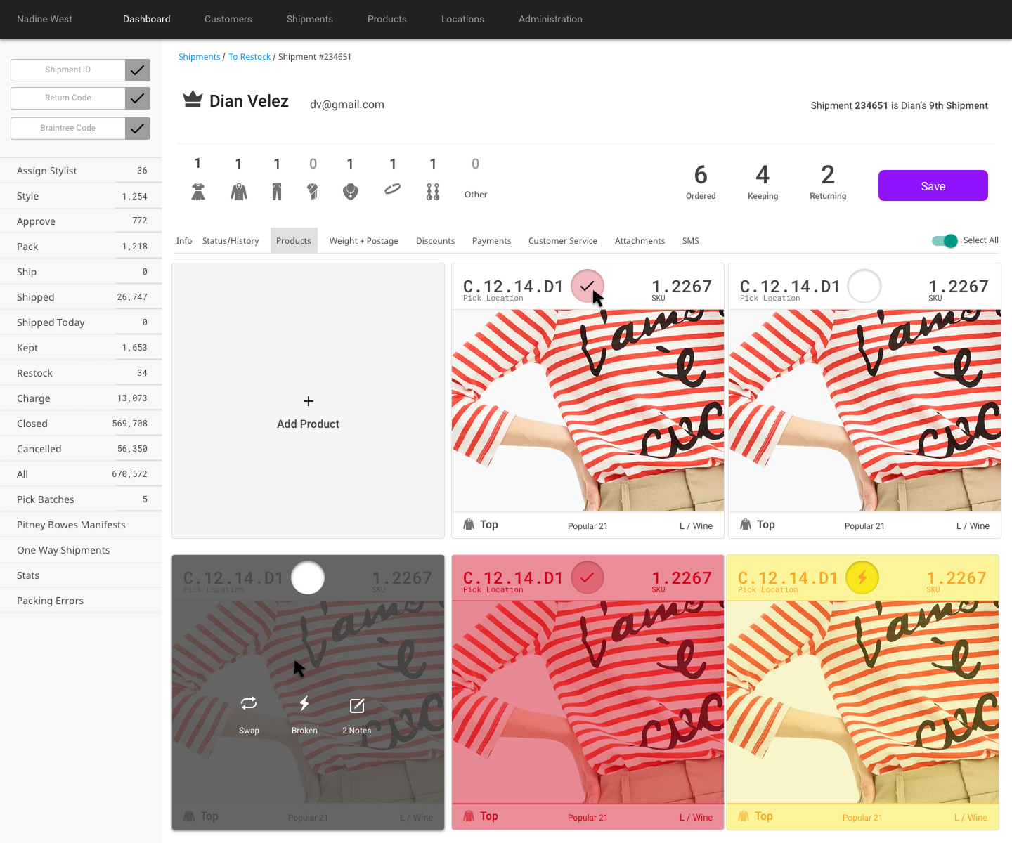 NadineWest: After: a card-based layout replaced the table, giving every item a large product photo, pick location, and SKU so it could be recognized at a glance instead of read.