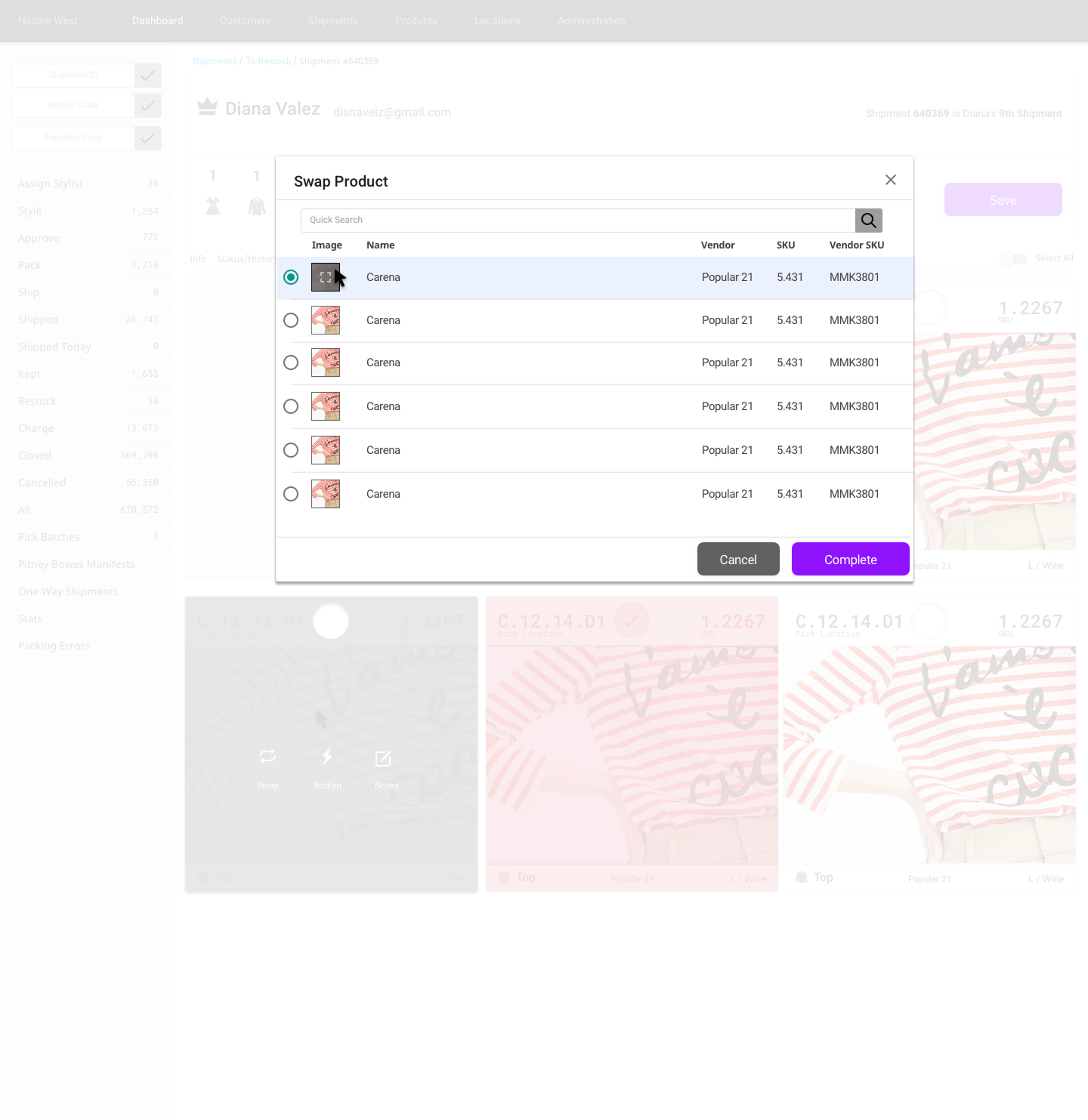 NadineWest: The Swap Product flow let employees correct a mis-picked item inline, with a thumbnail-first list to confirm the right SKU at a glance.